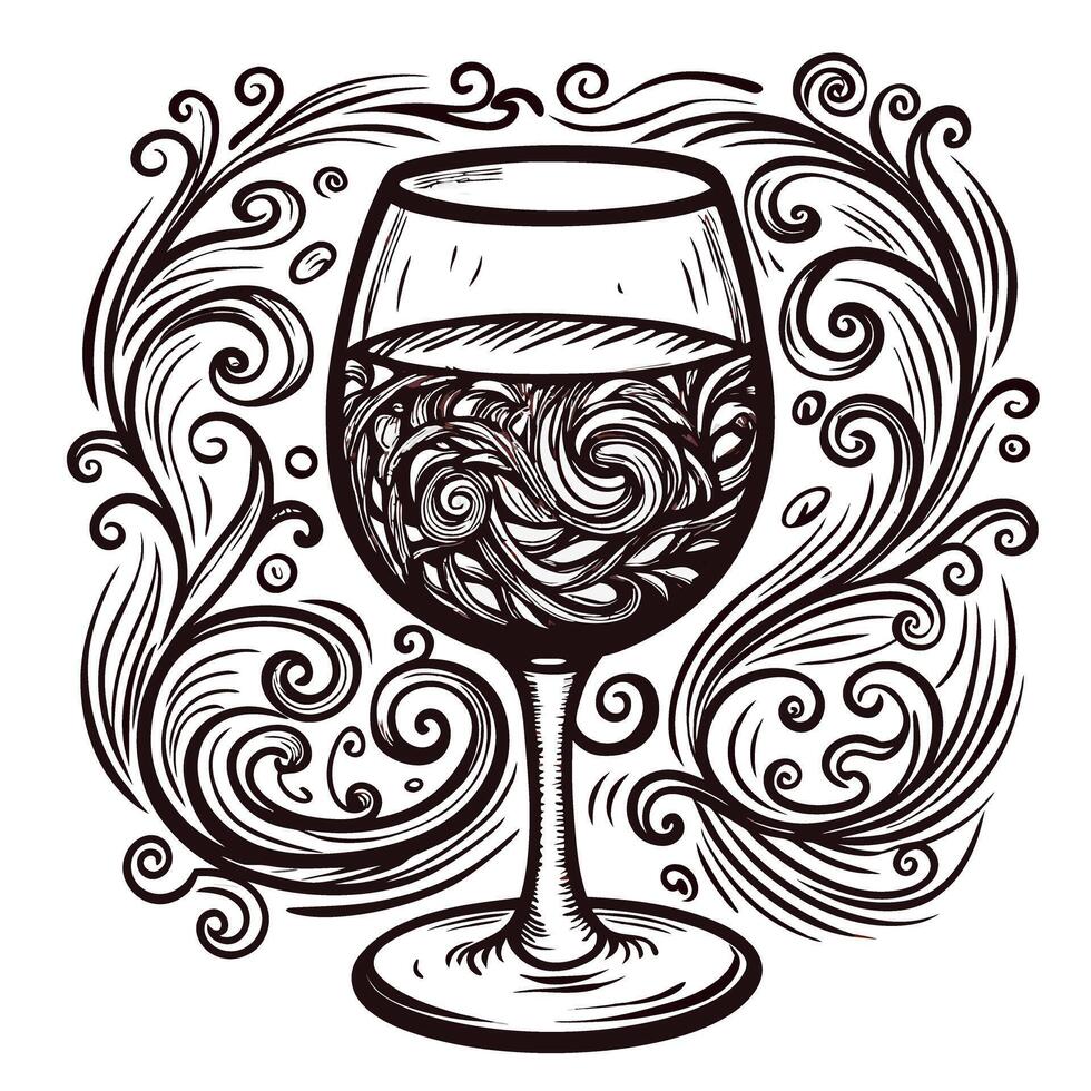 Intricate hand drawn wine glass with swirling liquid and decorative artistic floral swirl background illustration vector