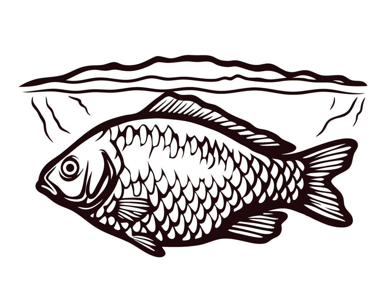 Illustrated fish swimming in serene underwater landscape with gentle waves and mountains vector