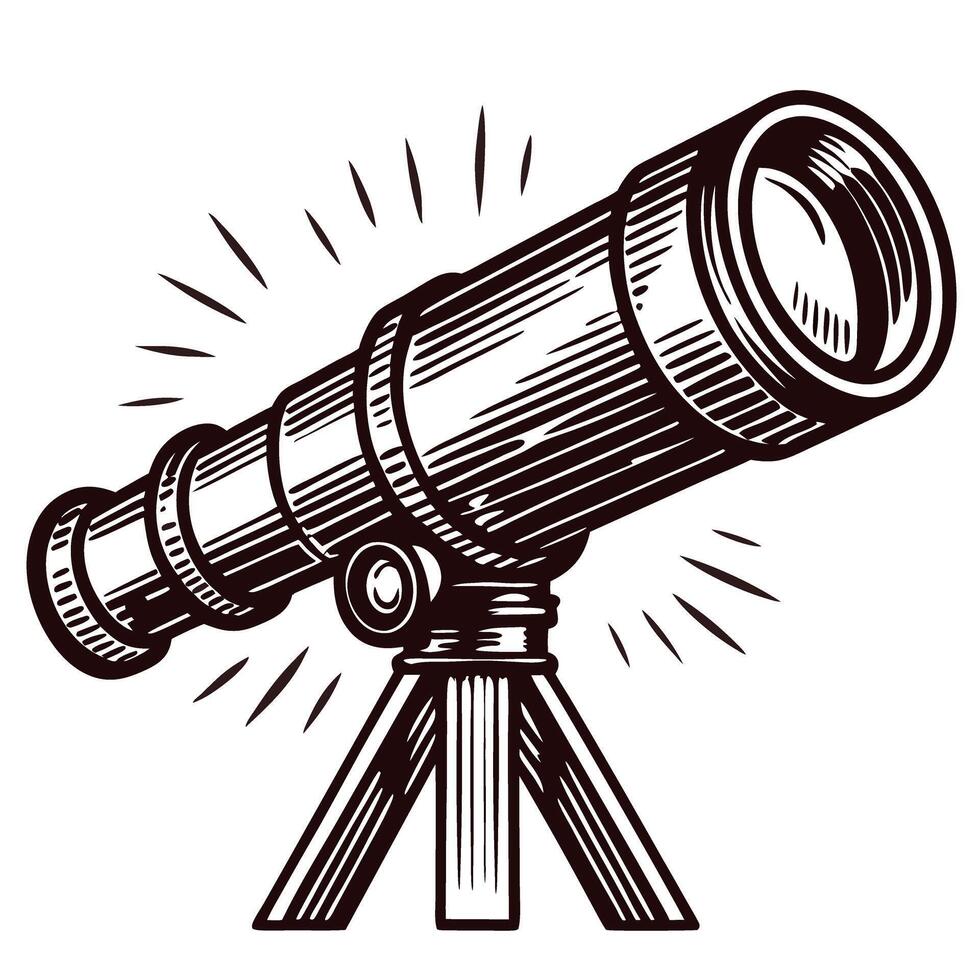 Hand drawn vintage telescope on tripod with engraved detailing and rays, isolated on white background vector