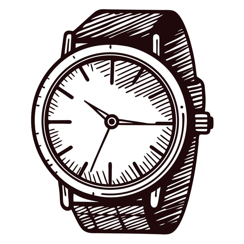 Classic wristwatch in hand drawn engraving with bold lines and detailed dial illustration vector