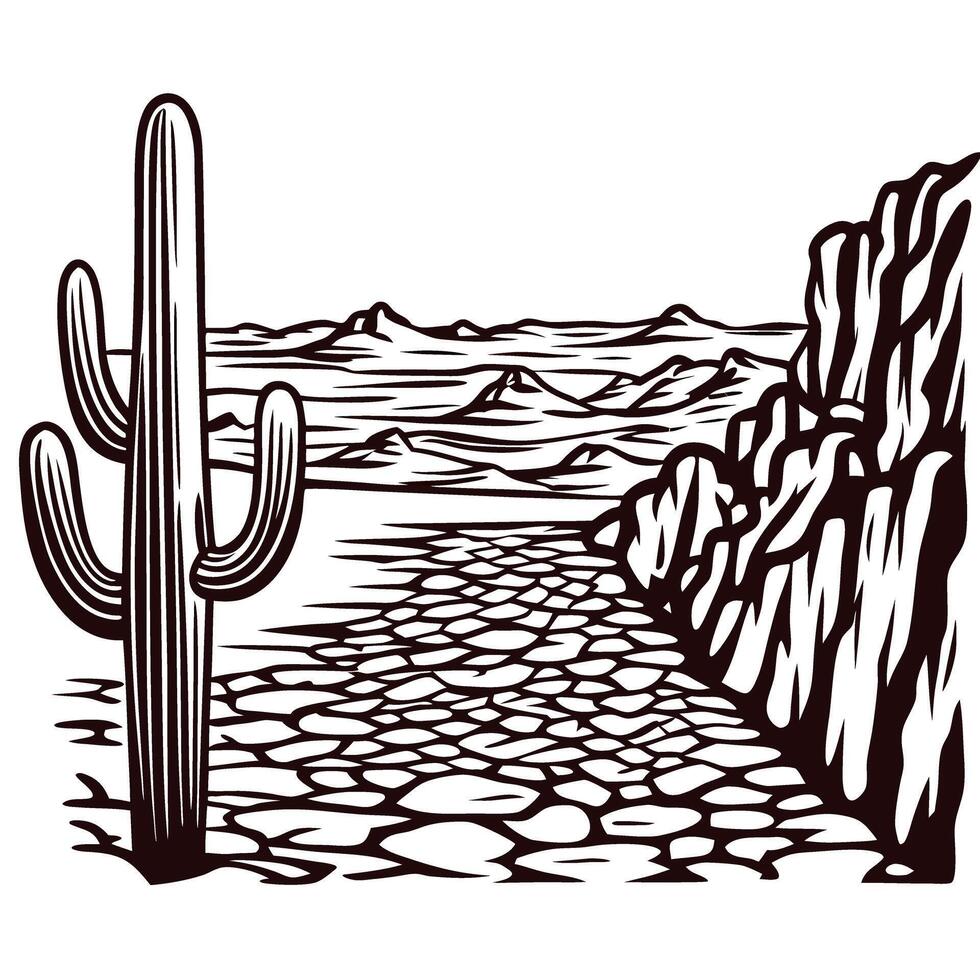 Desert landscape with tall saguaro cactus and rocky cliffs in hand drawn engraving vector