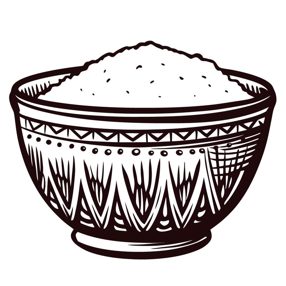 Vintage hand drawn bowl filled with rice engraved illustration of ornate dish with food isolated on white background vector