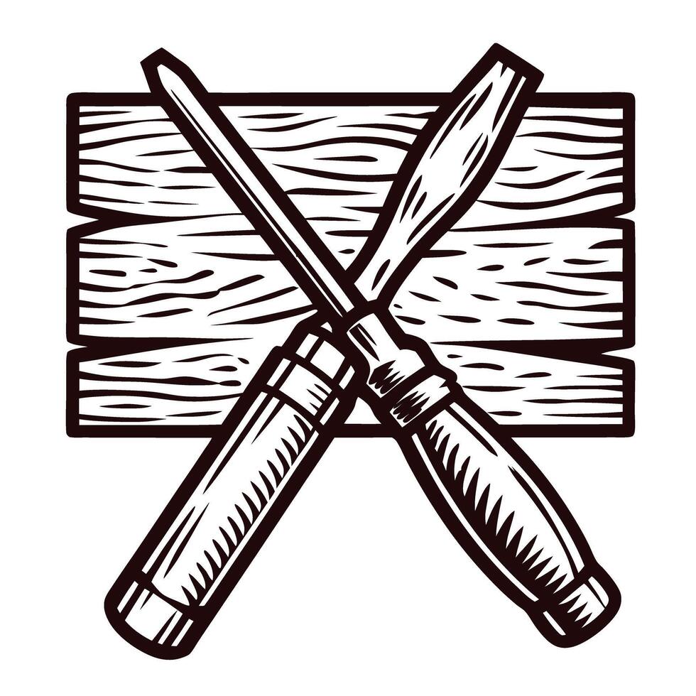 Vintage woodwork emblem featuring crossed chisel and screwdriver over textured wooden board illustration vector