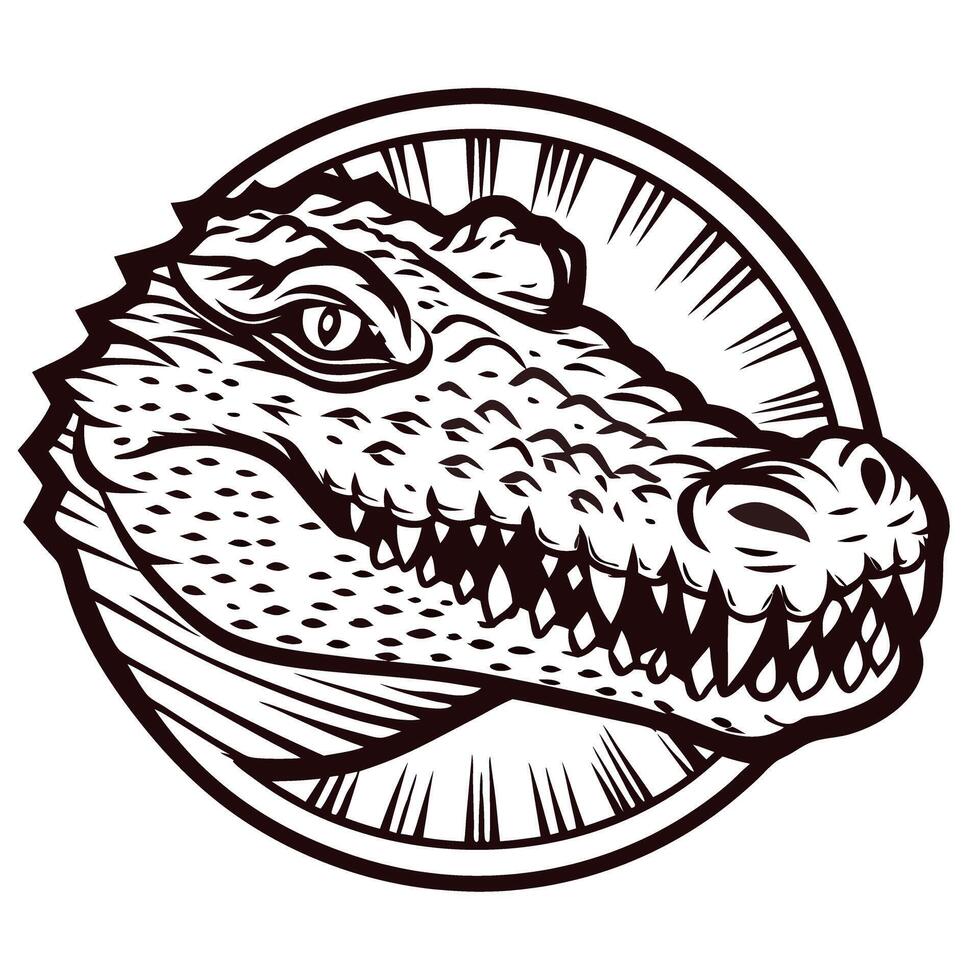 Vintage engraved head of alligator emblem black and white reptile illustration with circular background vector