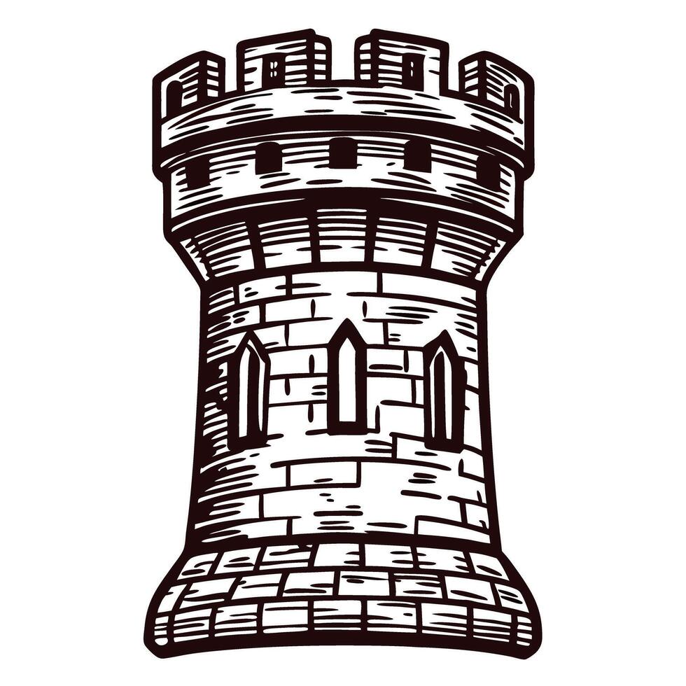 Vintage engraved illustration of a medieval stone tower with battlements and arched windows isolated on white background vector