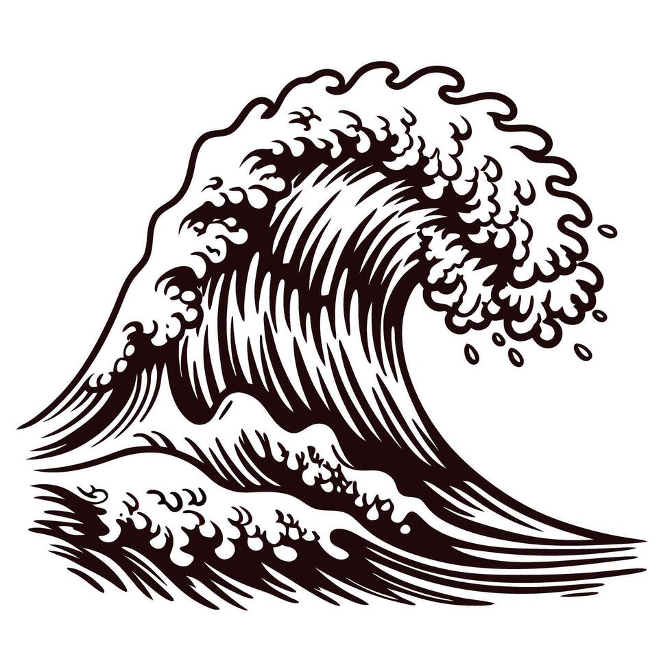 Vintage engraved illustration of ocean wave in woodcut with curling crest and dynamic foam splash vector