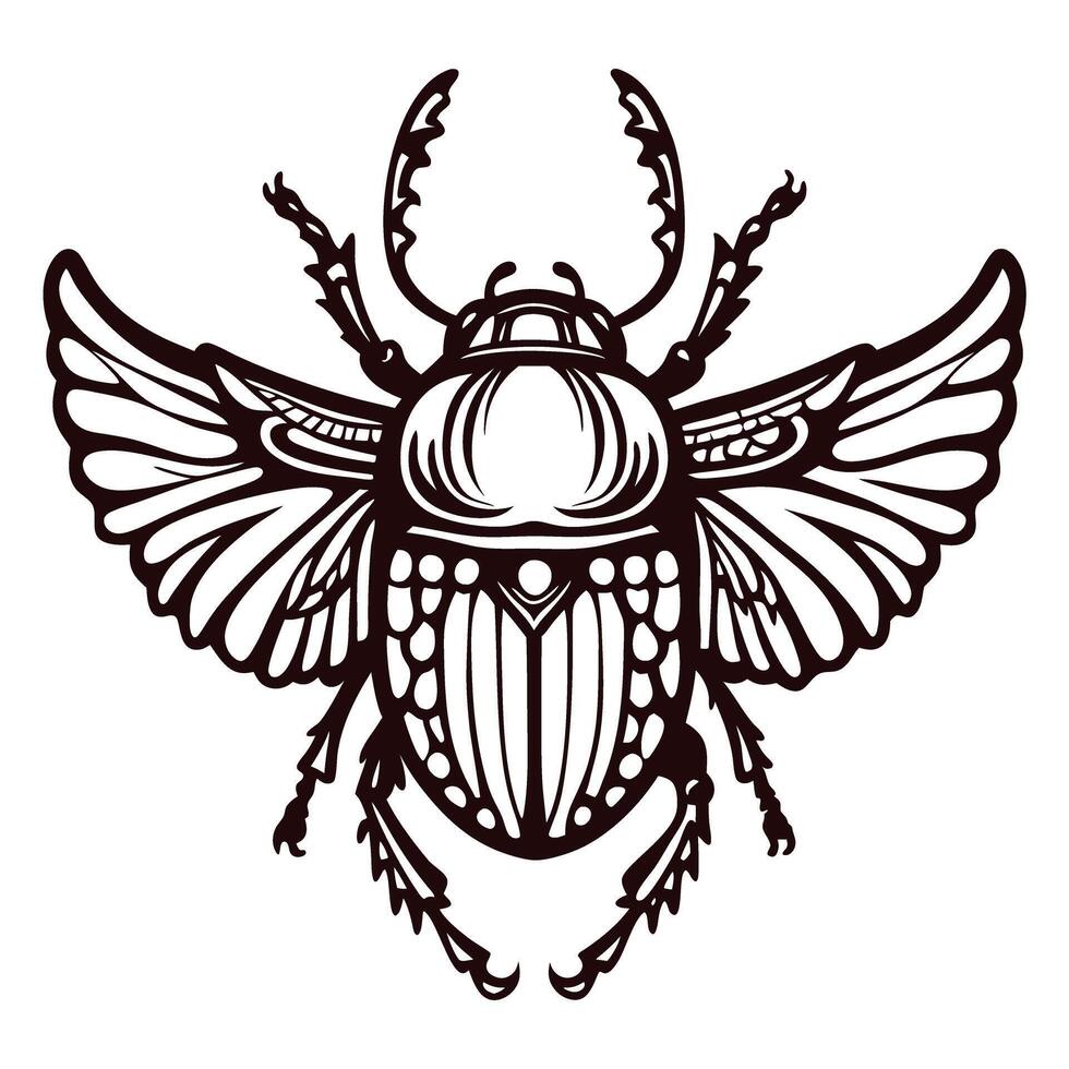 Detailed ink drawing of a scarab beetle with open wings isolated on white background vector