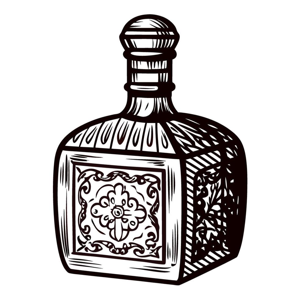 Hand drawn ornate square glass bottle with decorative floral design and stopper isolated on white background vector