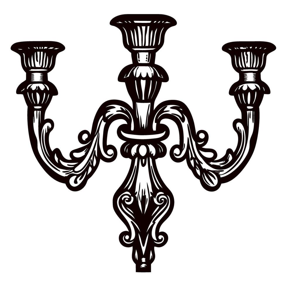 Vintage engraved three arm candelabra illustration with ornate baroque detailing and classic candle holders vector