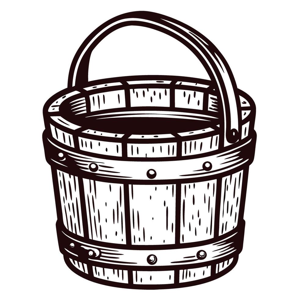 Hand drawn wooden bucket with curved handle isolated on white vintage rustic container sketch illustration vector
