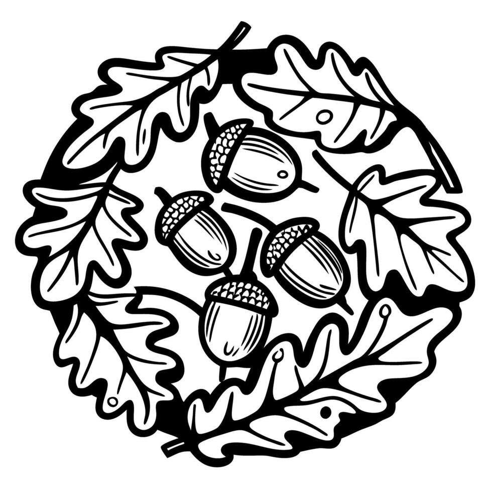 Hand drawn wreath of oak leaves and acorns in black and white line art illustration vector
