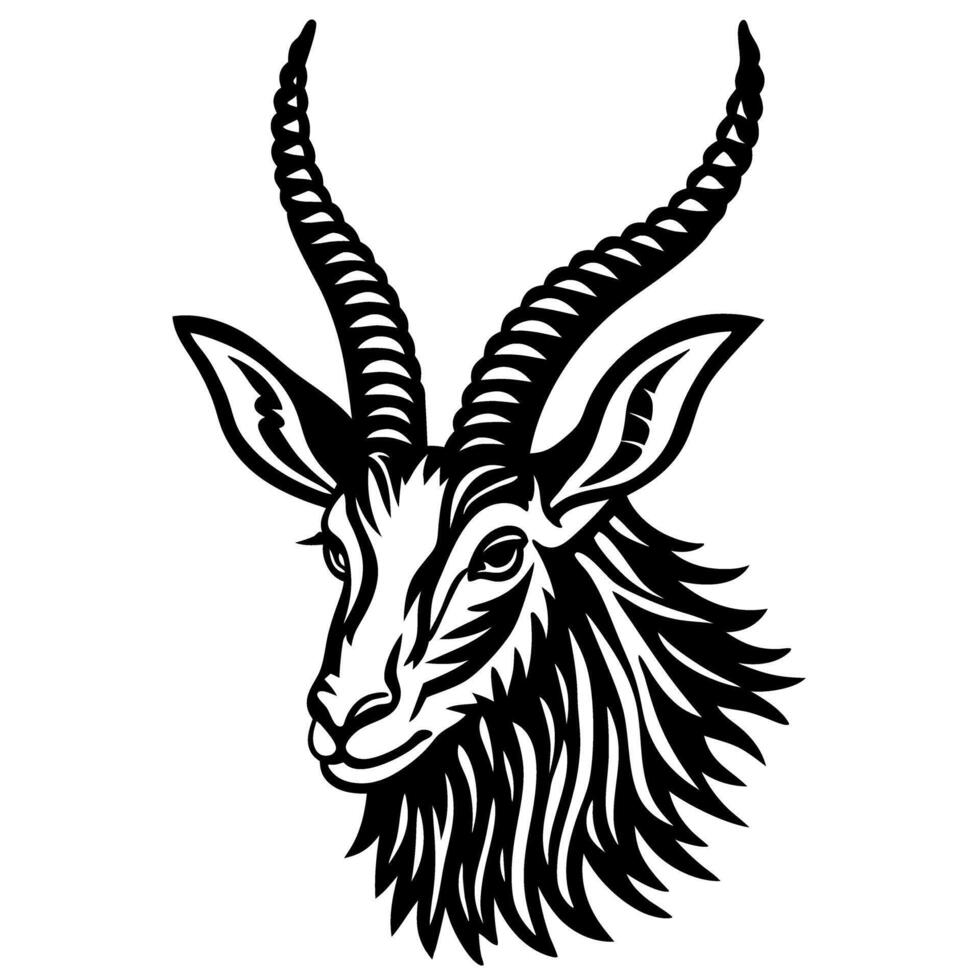 Detailed black and white illustration of antelope head with long curved horns and textured fur vector