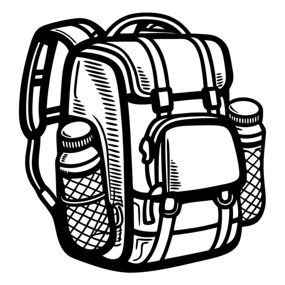 Detailed hand drawn backpack with front pocket and side water bottles isolated on white background illustration vector