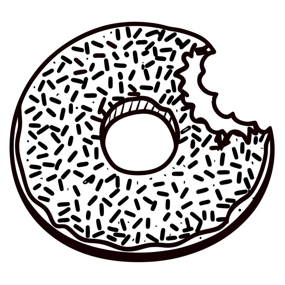 Hand drawn bitten donut with sprinkles sketch illustration of sweet dessert pastry isolated on white vector