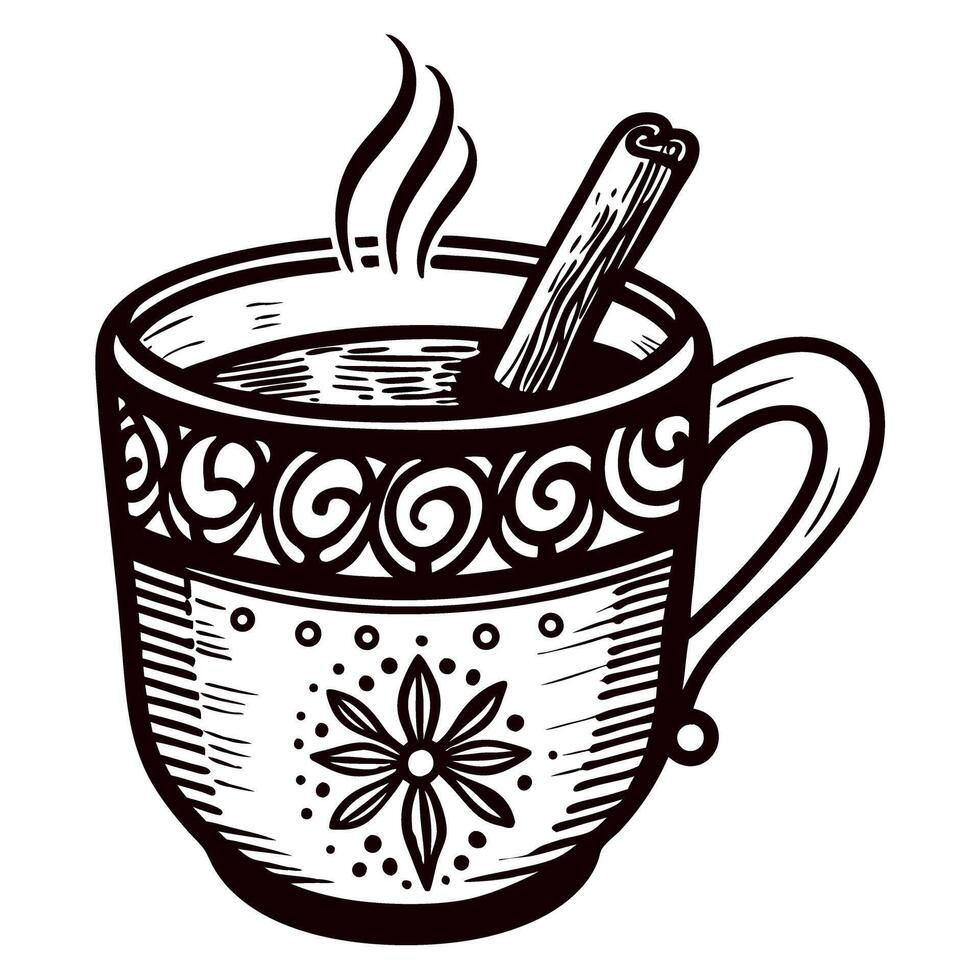 vintage engraved illustration of a steaming mug of spiced tea with decorative cup and cinnamon stick vector