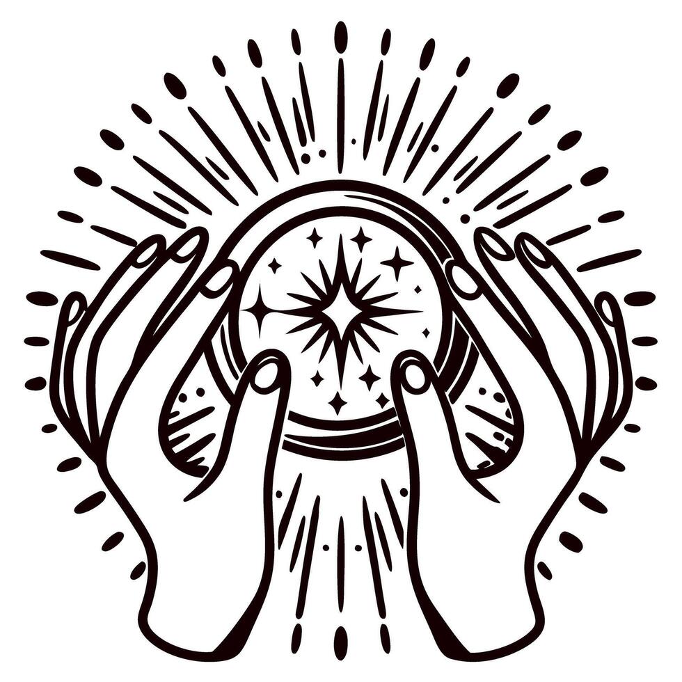 Mystical hands holding glowing crystal ball with radiant sparks and stars in vintage engraved illustration vector