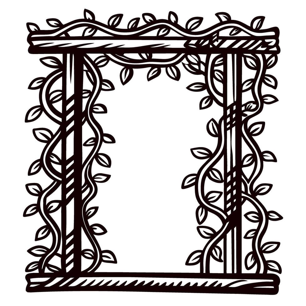 Hand drawn wooden frame with climbing vines and leaves in vintage engraved illustration vector