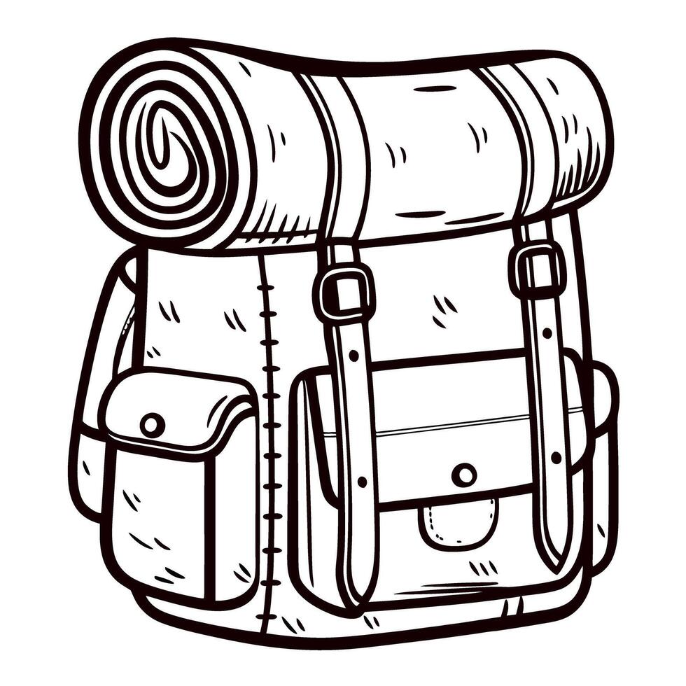 Hand drawn vintage hiking backpack with rolled sleeping bag and multiple pockets, detailed sketch illustration vector