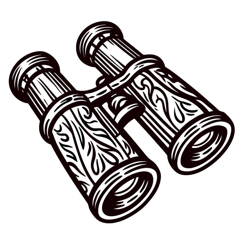 Vintage engraved binoculars illustration with ornate floral details, isolated on white background vector