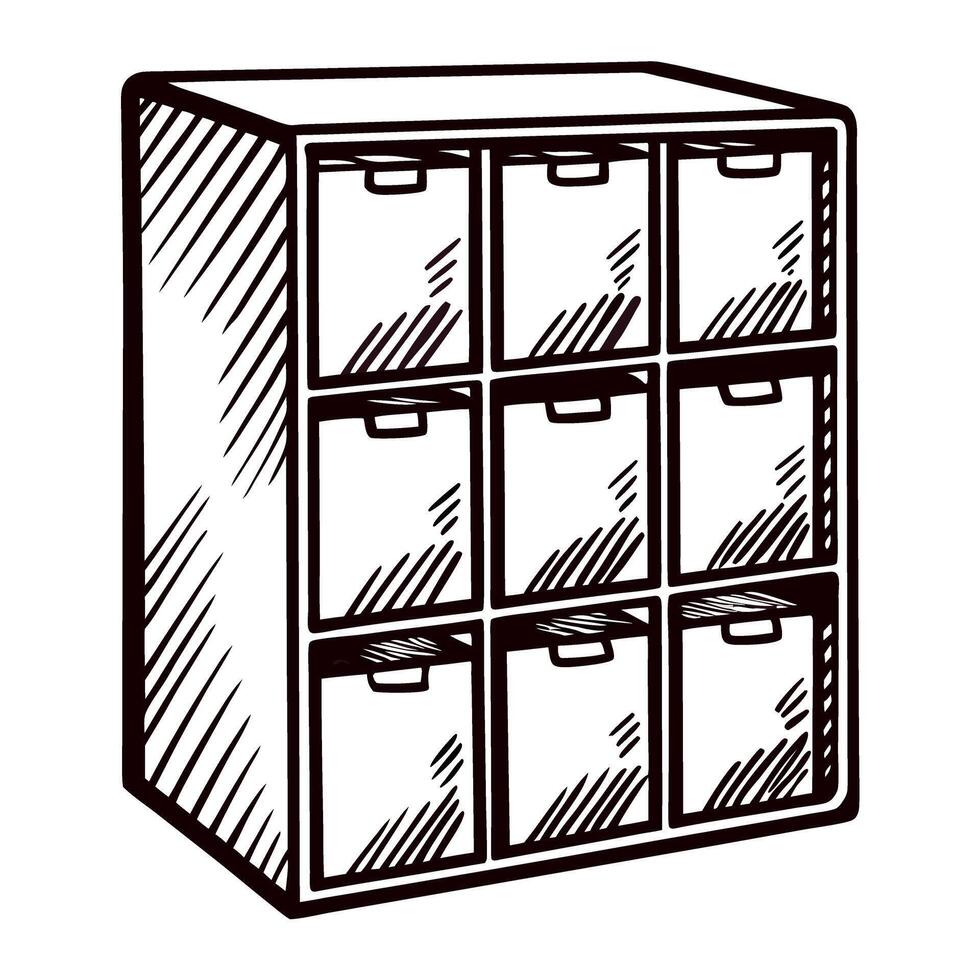Hand drawn illustration of vintage cabinet with nine drawers in engraved vector