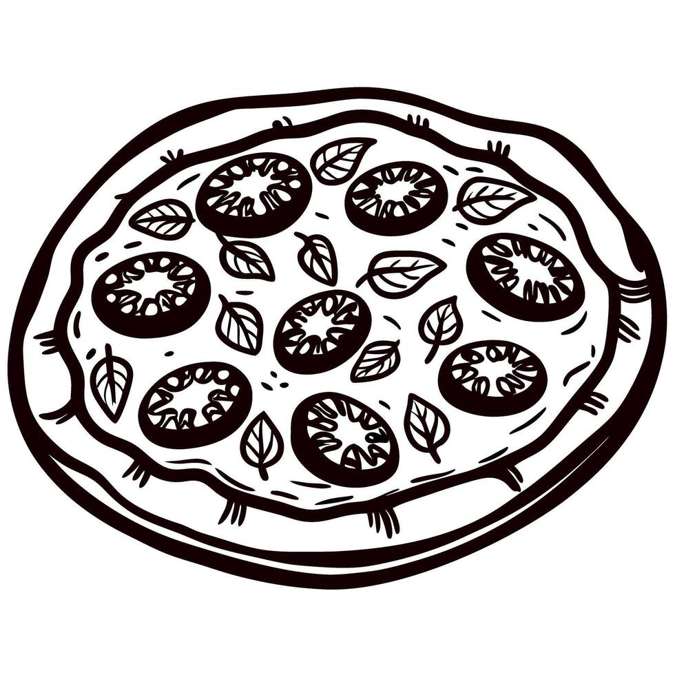 Hand drawn illustration of classic italian margherita pizza with tomato slices and basil leaves in vintage engraving vector