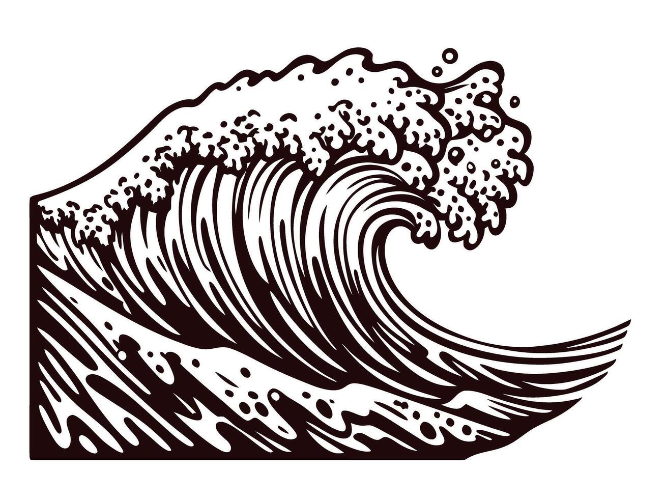 Detailed hand drawn ocean wave with foamy crest in vintage engraving isolated on white background vector