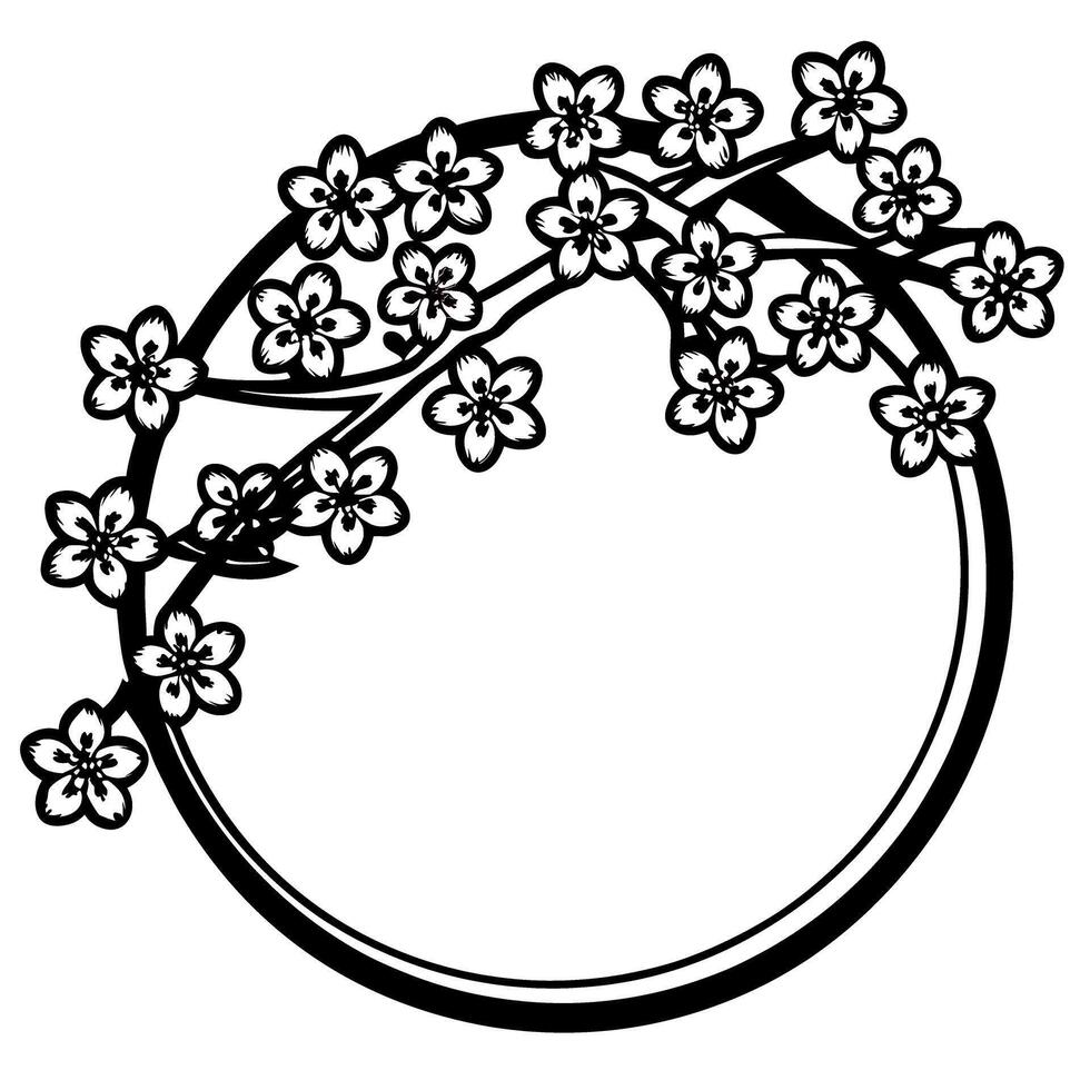 Circular frame with blooming cherry blossom branch, vintage hand drawn botanical illustration vector