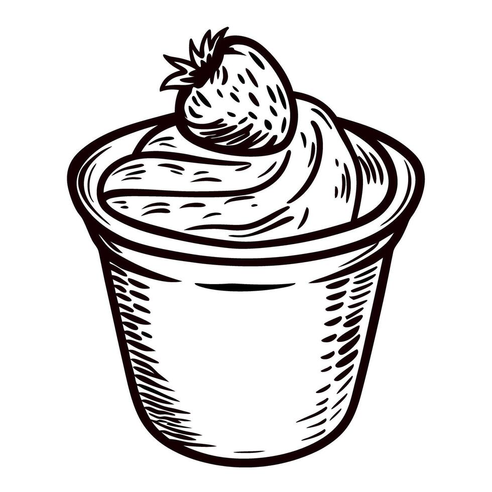 Hand drawn dessert cup with creamy swirl and strawberry vintage engraved black and white sketch illustration vector