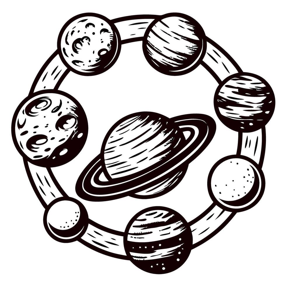 Hand drawn vintage illustration of planets in the solar system orbiting around saturn, retro astronomy sketch vector
