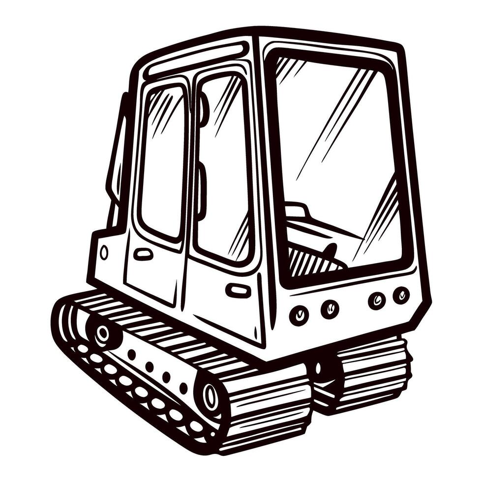 Hand drawn tracked construction cabin illustration with glass windows and side view in black outline vector