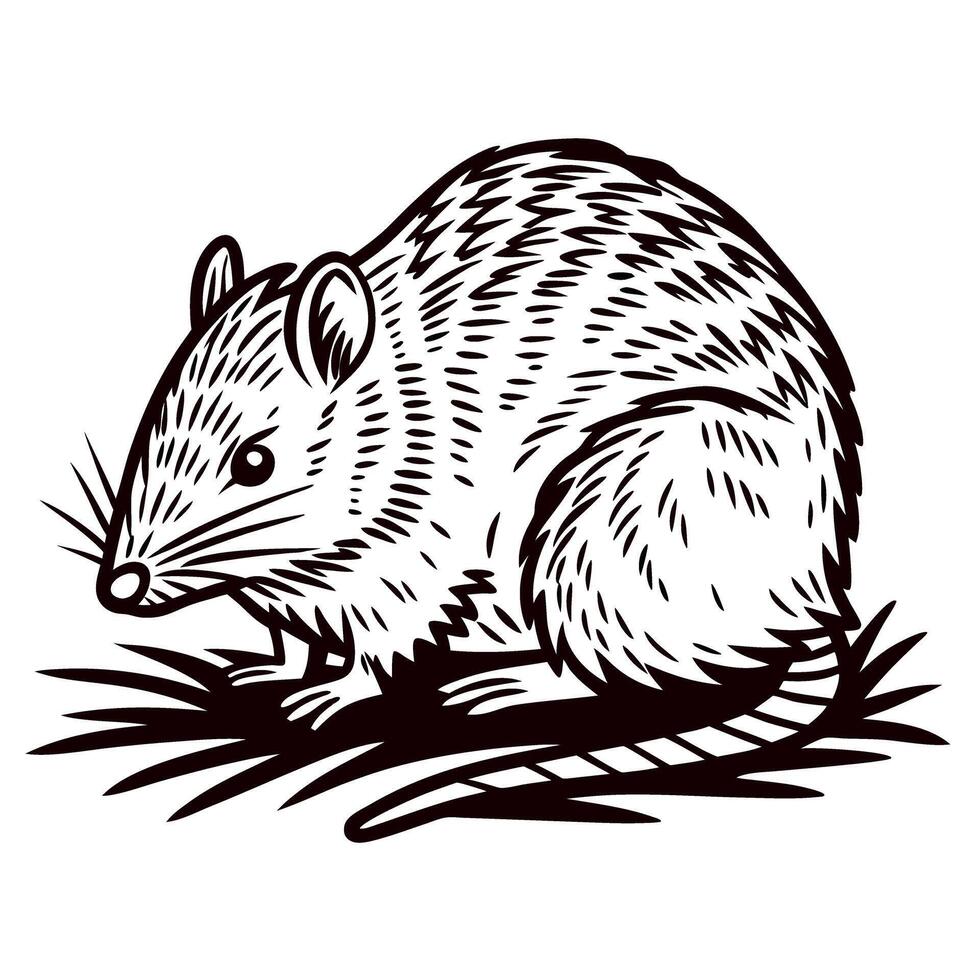 Hand drawn bandicoot sitting on grass vintage engraved illustration of small marsupial animal with detailed fur and tail vector
