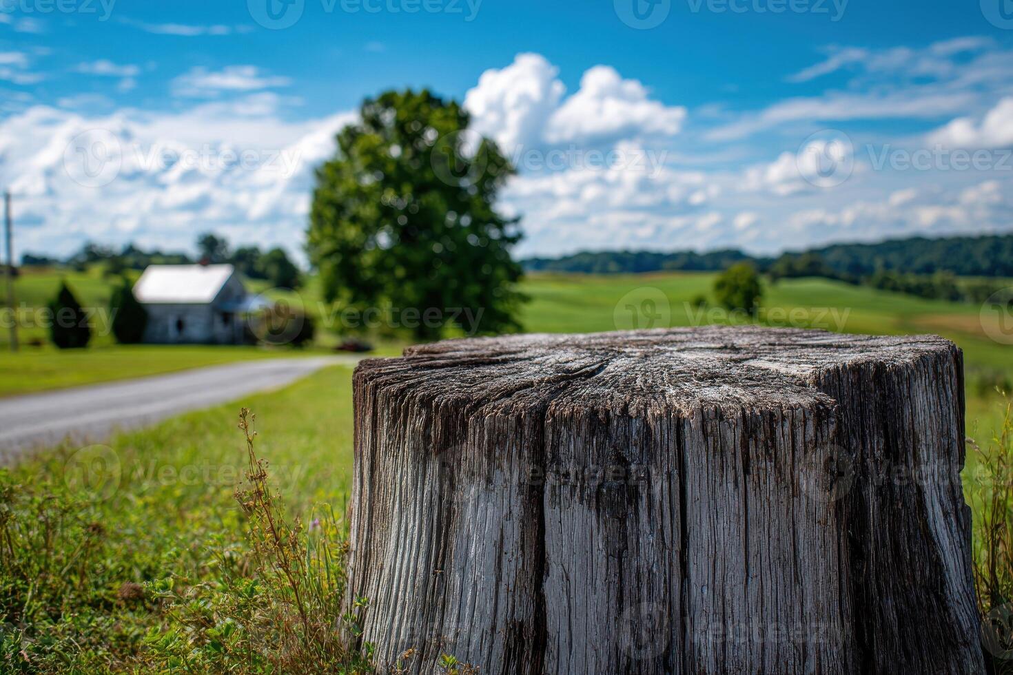 Tree stump in a field with a house and trees in the background under a cloudy blue sky on a sunny day photo
