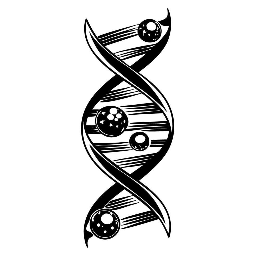 Black and white stylized dna helix with abstract molecules and genetic elements in vintage engraved line art vector