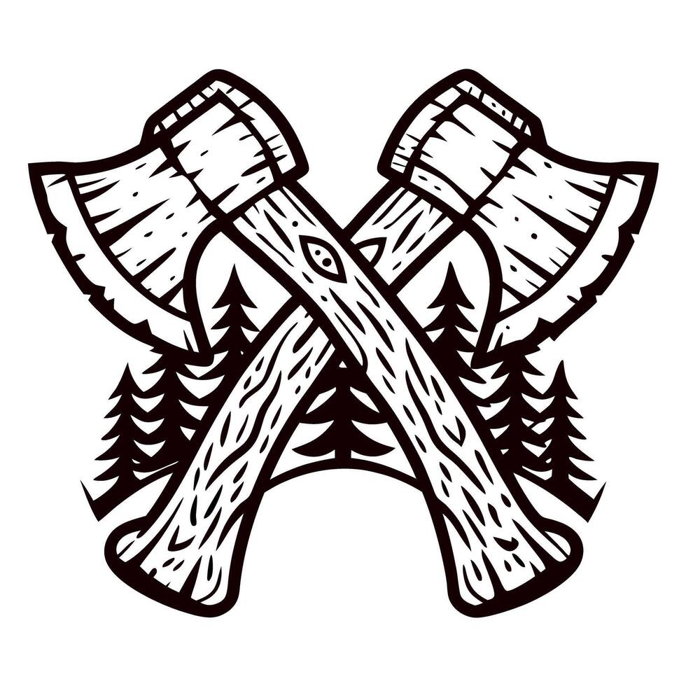 Crossed woodcutter axes with carved handles and evergreen trees in vintage monochrome emblem illustration vector