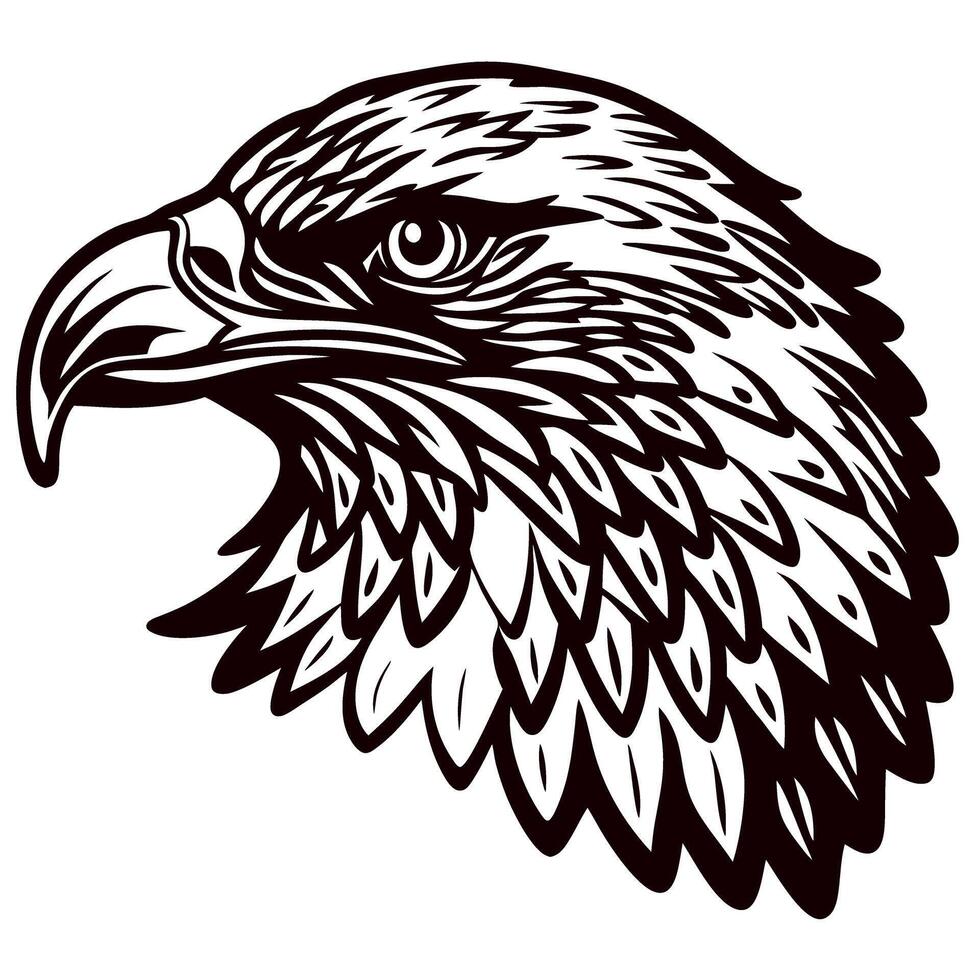 Detailed hand drawn eagle head illustration with bold lines and intricate feather pattern isolated on white vector