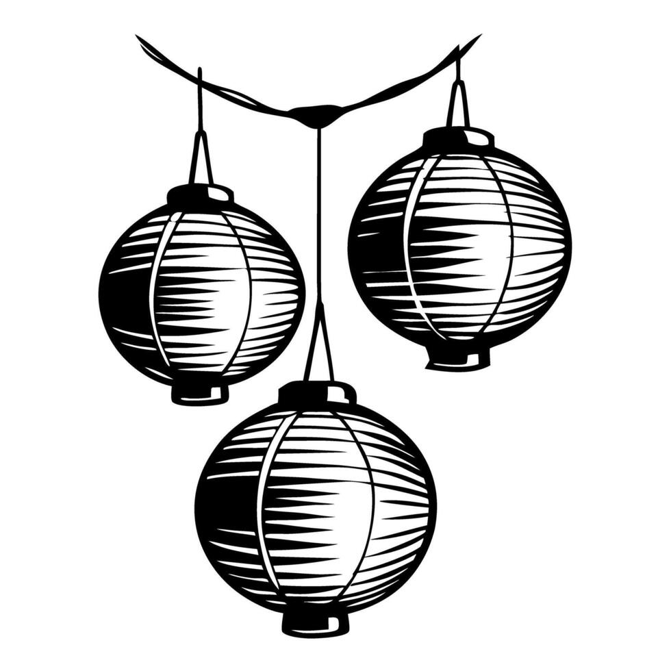 Traditional hand drawn chinese paper lanterns hanging on string black and white vintage illustration vector