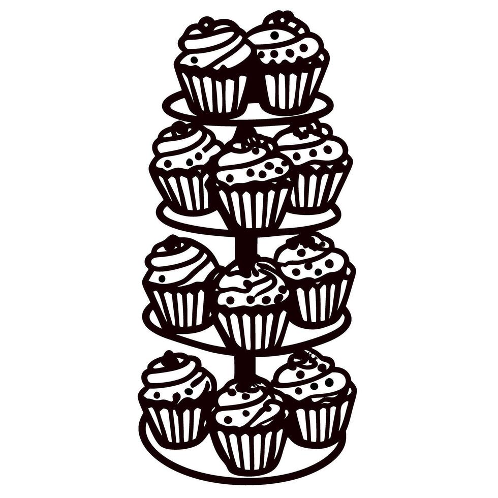 Cupcake display stand with multiple decorated cupcakes arranged on three tiers simple outlined bakery illustration vector