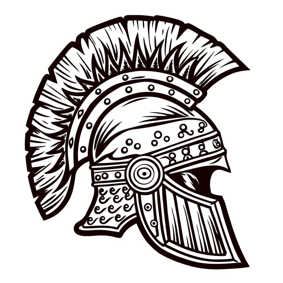 Detailed hand drawn illustration of ancient greek corinthian helmet with ornate crest and decorative metal engraving vector