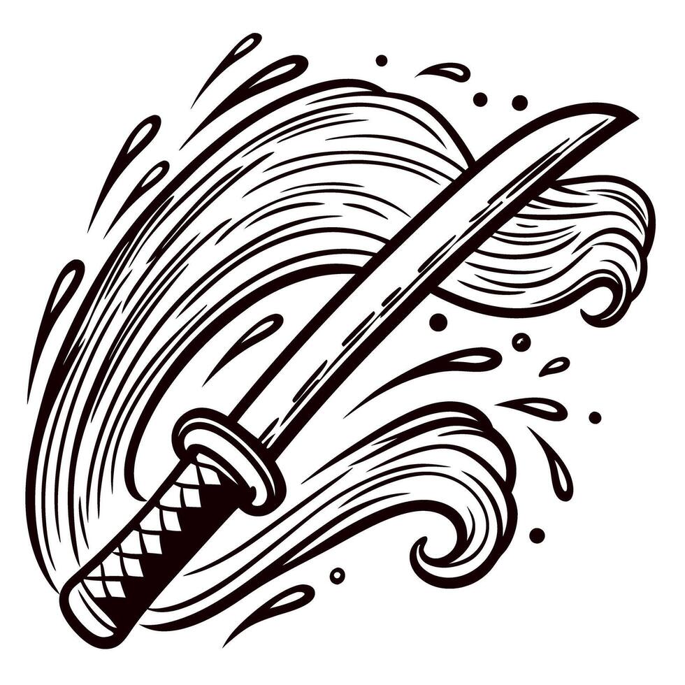 Hand drawn katana sword with swirling water waves and splashes in vintage black ink illustration vector