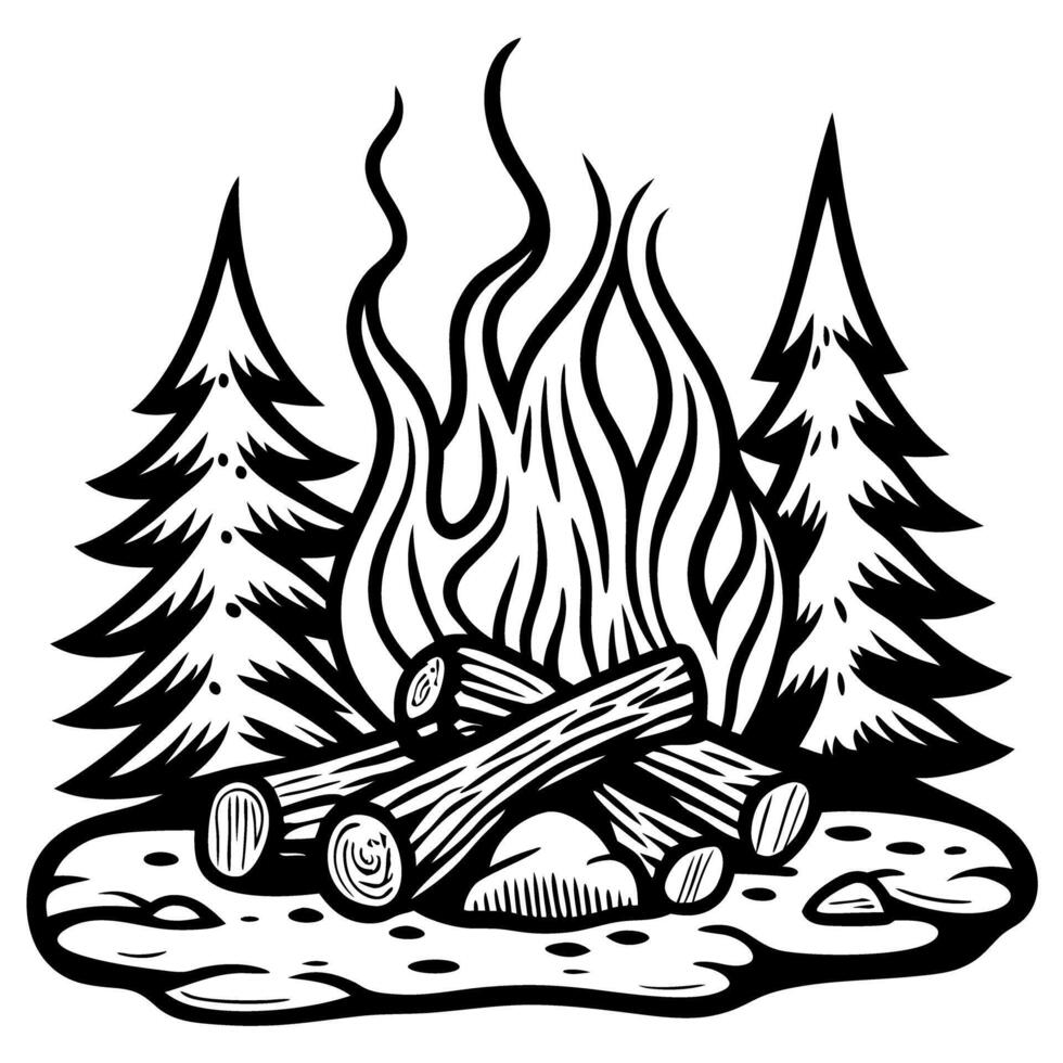 Woodland campfire with burning logs and pine trees, black and white vintage illustration with detailed linework vector