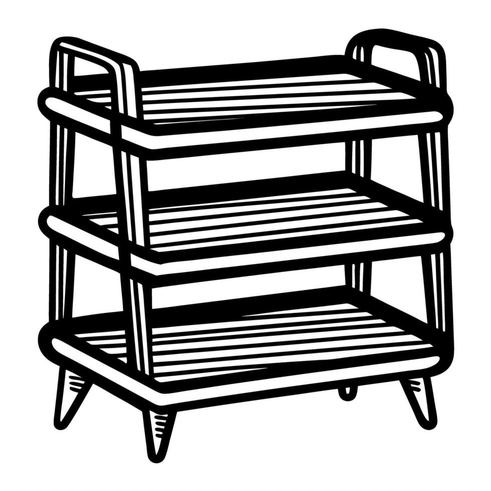 Hand drawn three tier wooden shelf with slatted trays and handles on both sides, vintage black and white illustration vector
