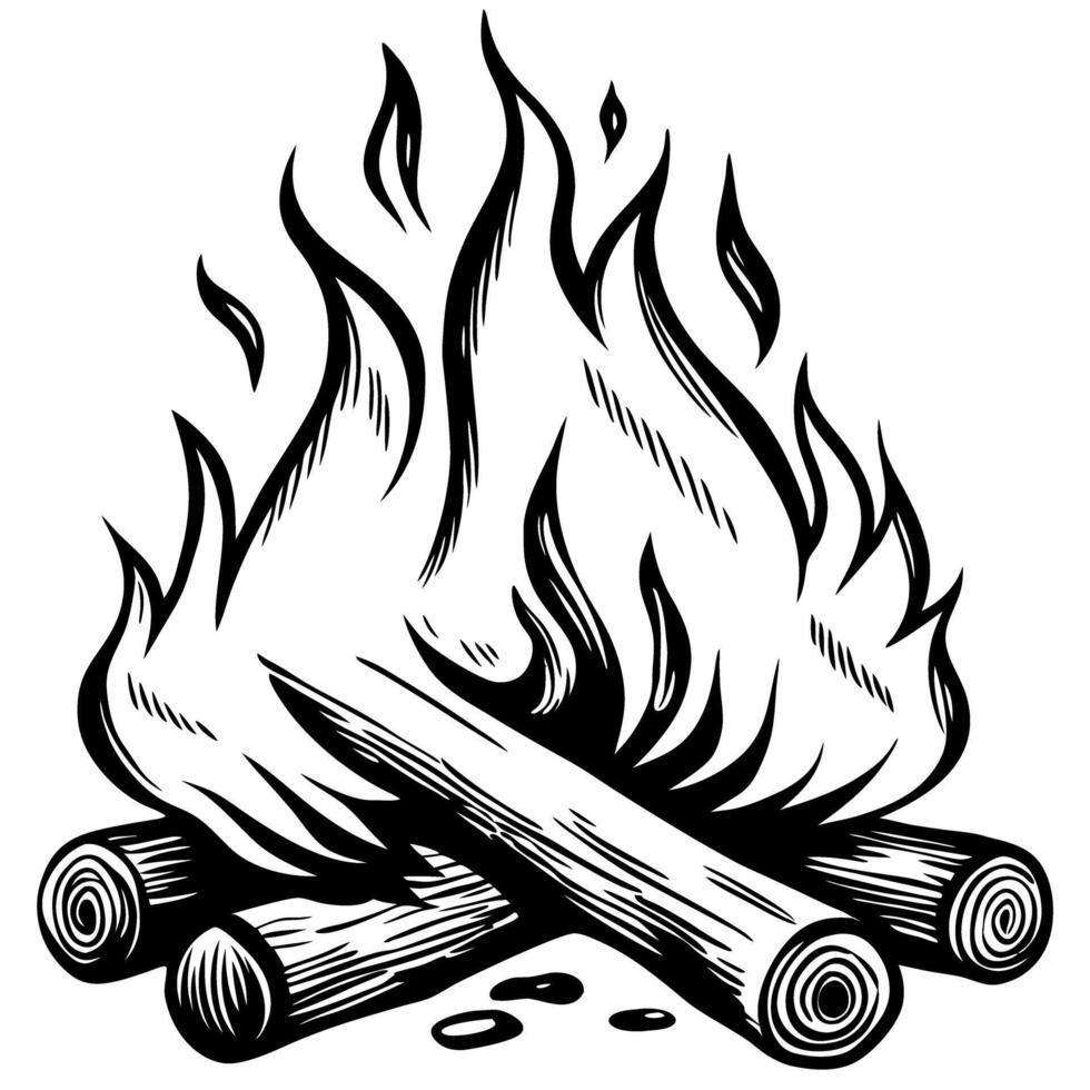 Hand drawn bonfire with burning logs and flames in vintage engraved isolated on white background vector