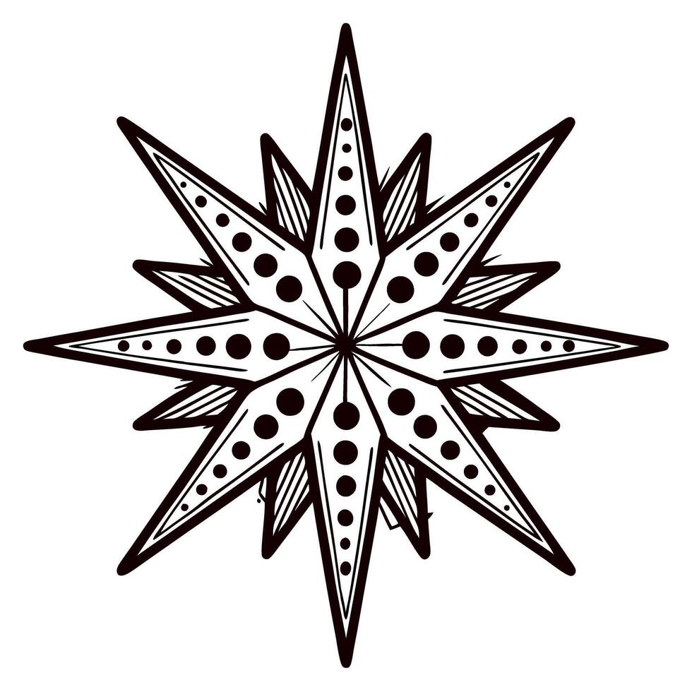 Intricate geometric compass starburst design with symmetrical dotted and striped pattern in black and white vector