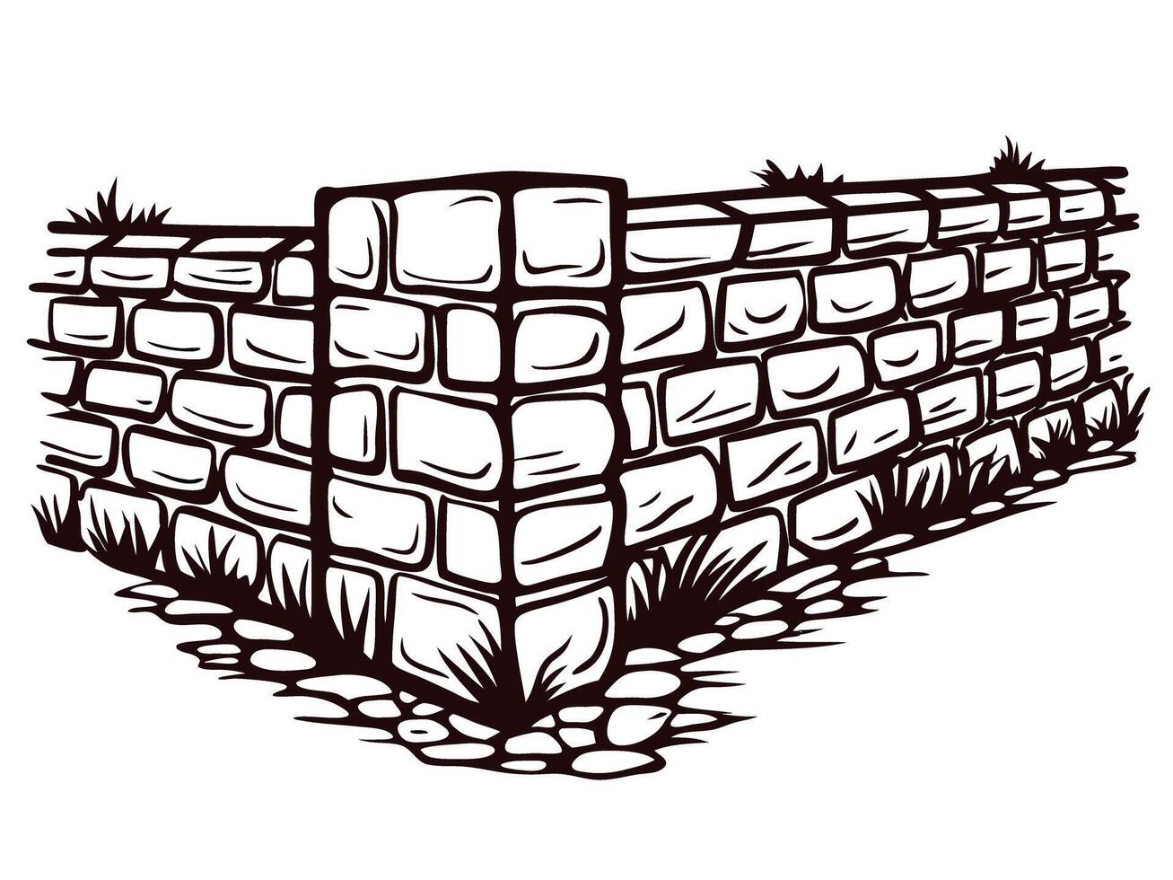 Corner of a stone wall with grass and rocks in a rustic setting vector