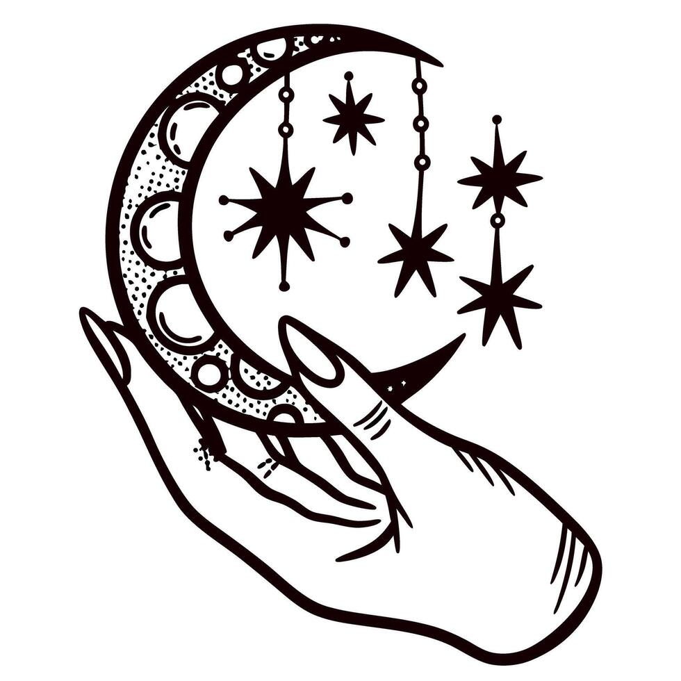 Elegant hand holding crescent moon with hanging stars, mystical line art, celestial boho illustration vector