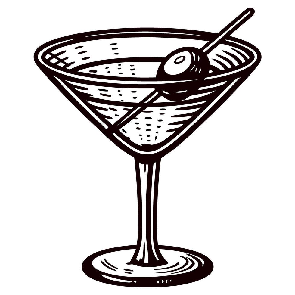 Hand drawn martini glass with olive and cocktail stick vintage engraved monochrome illustration vector