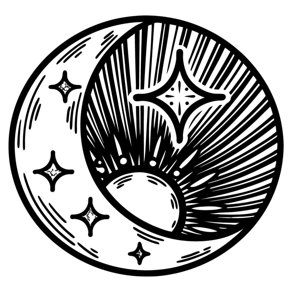 Hand drawn celestial sun and moon illustration with radiating stars in vintage engraved black and white vector