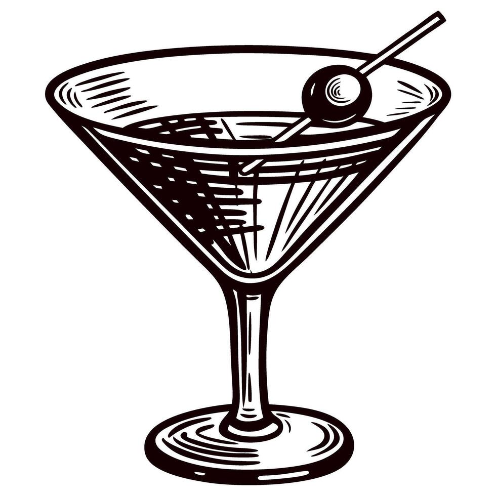 Hand drawn martini glass with olive and toothpick in vintage engraved illustration vector