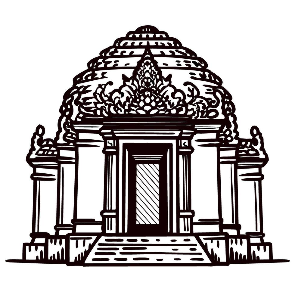 Ancient temple architecture sketch with intricate decorative carvings and ornate dome on pedestal base vector