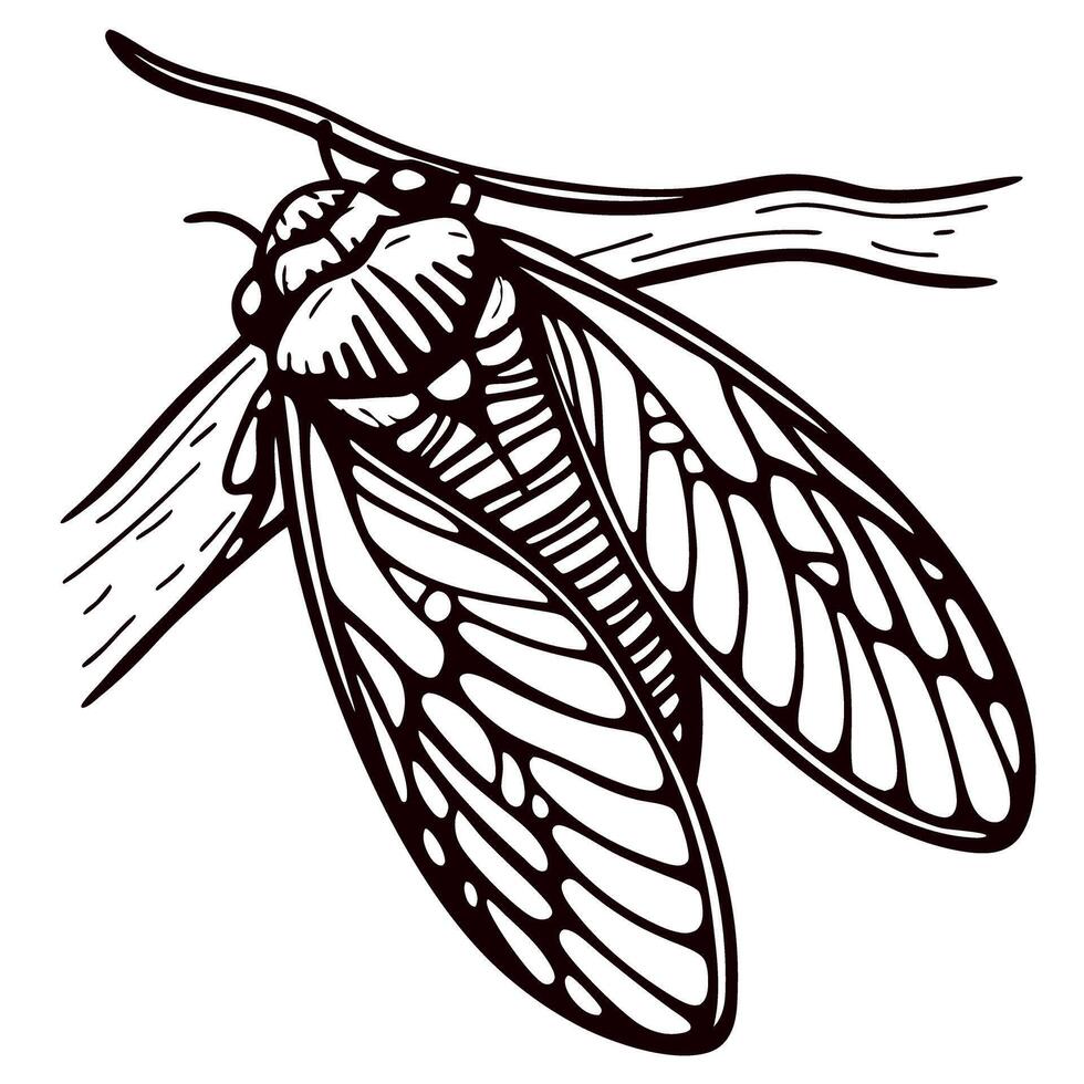 Detailed hand drawn cicada insect perched on tree branch, vintage engraved entomology illustration, black and white vector